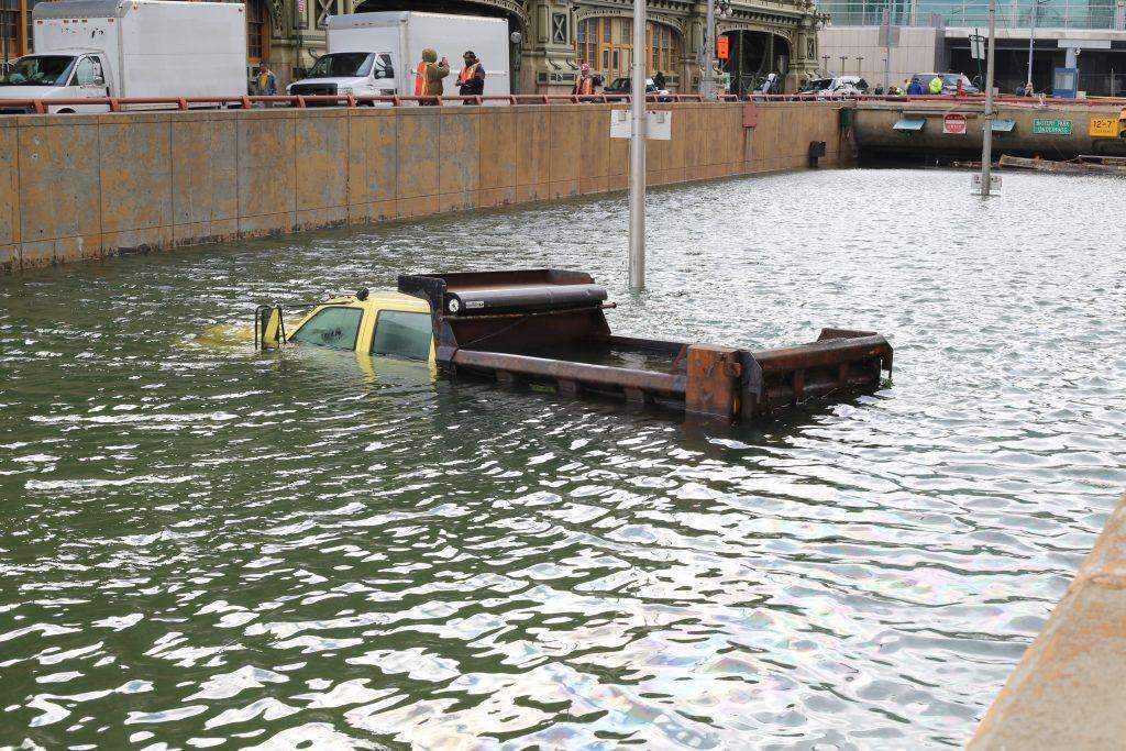 construction truck under water nyc